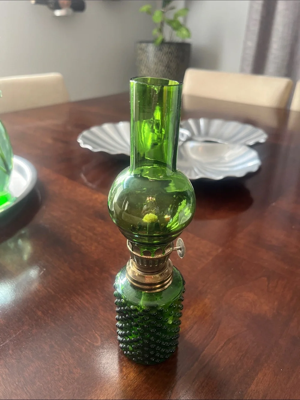 Green 1950-1960 Hobnail Glass Oil Lamp Brass Detail- Decorative Home Accent- 9”